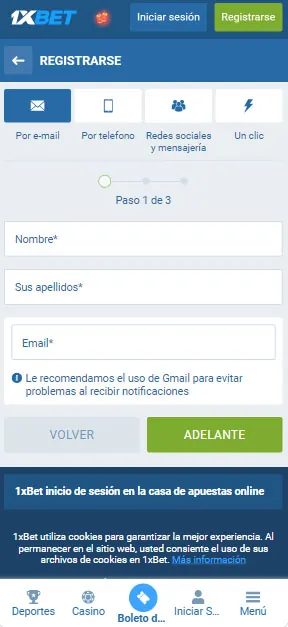Capturas 1xbet registro