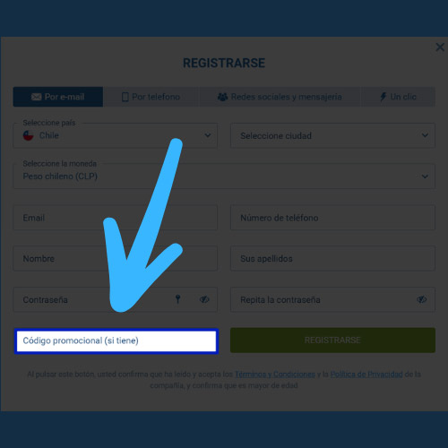 Introduce el código promocional en 1xBet